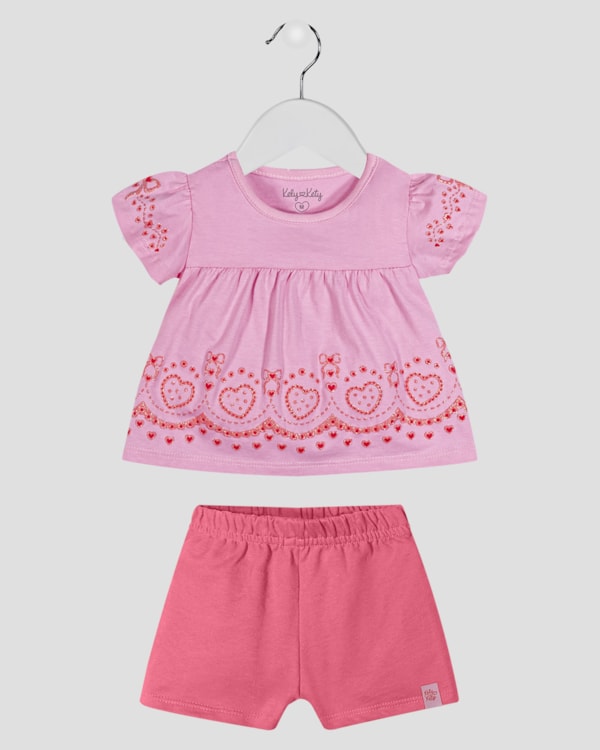 Conjunto Infantil Menina Blusa Estampada e Shorts Kely Kety Rosa