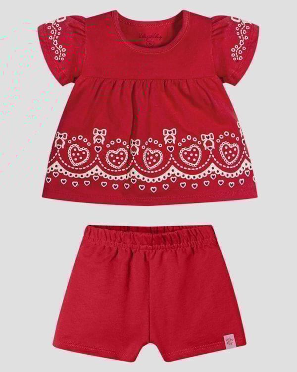 Conjunto Infantil Menina Blusa Estampada e Shorts Kely Kety Vermelho