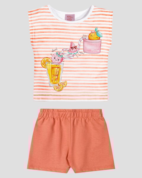 Conjunto Infantil Menina Blusa Listrada e Shorts Kely Kety Branco