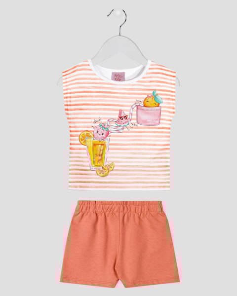 Conjunto Infantil Menina Blusa Listrada e Shorts Kely Kety Branco