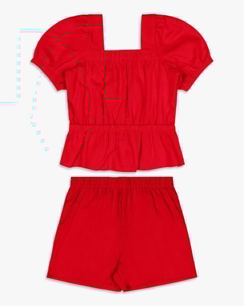 Conjunto Infantil Menina Blusa Manga Bufante e Shorts – Kely Kety -Carmim