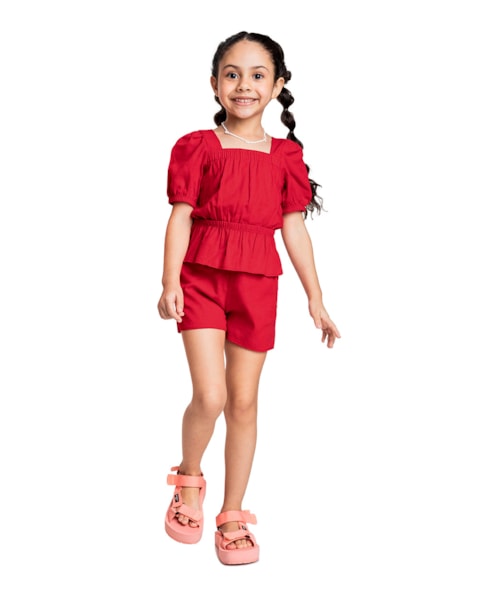 Conjunto Infantil Menina Blusa Manga Bufante e Shorts – Kely Kety -Carmim