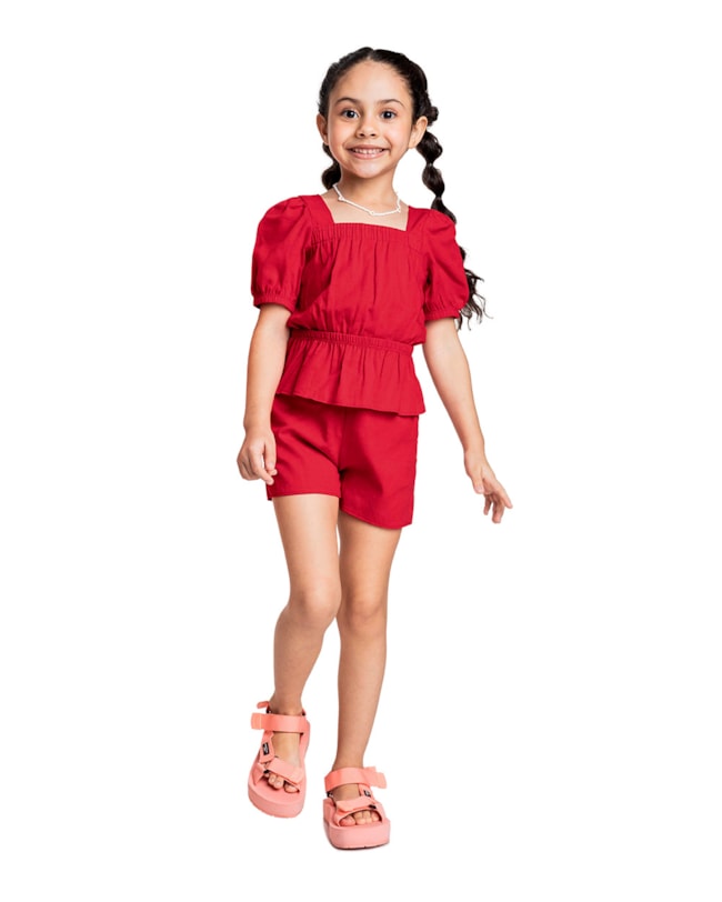Conjunto Infantil Menina Blusa Manga Bufante e Shorts – Kely Kety -Carmim-c6e13e42-f7c5-4655-adc1-775d21c01c1c