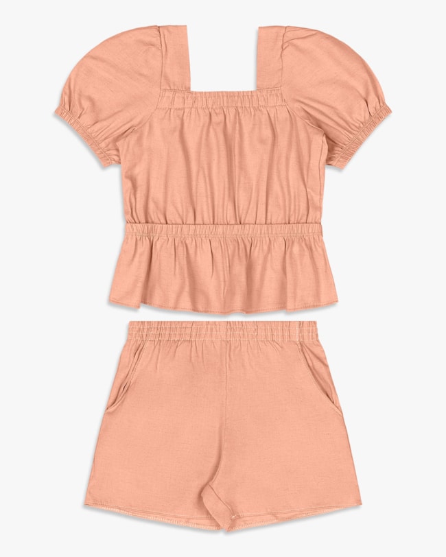 Conjunto Infantil Menina Blusa Manga Bufante e Shorts – Kely Kety pêssego-875e5388-c651-452e-9709-5a2cb23ad291