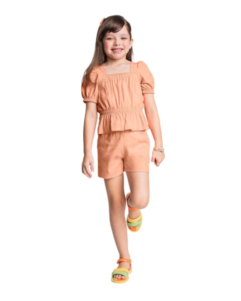 Conjunto Infantil Menina Blusa Manga Bufante e Shorts – Kely Kety pêssego