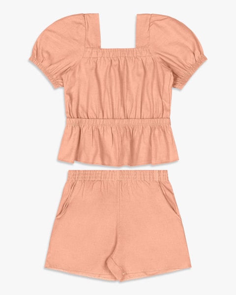 Conjunto Infantil Menina Blusa Manga Bufante e Shorts – Kely Kety pêssego