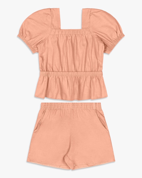 Conjunto Infantil Menina Blusa Manga Bufante e Shorts – Kely Kety pêssego