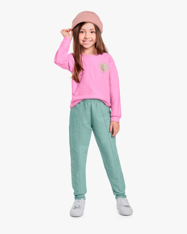Conjunto Infantil Menina Blusa Manga Longa e Calça - Kely Kety - Rosa-64b1b5f1-78f3-49d1-a090-d4b60a9b2e08