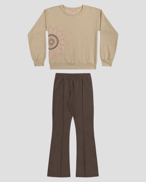 Conjunto Infantil Menina Blusão com Estampa e Calça - Kely Kety - Bege