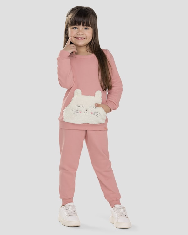 Conjunto Infantil Menina Blusão e Calça em Moletom - Kely Kety - Rosa