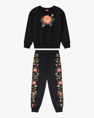 Conjunto Infantil Menina Blusão e Calça Estampa Flores - Kely Ketly - Preto-10