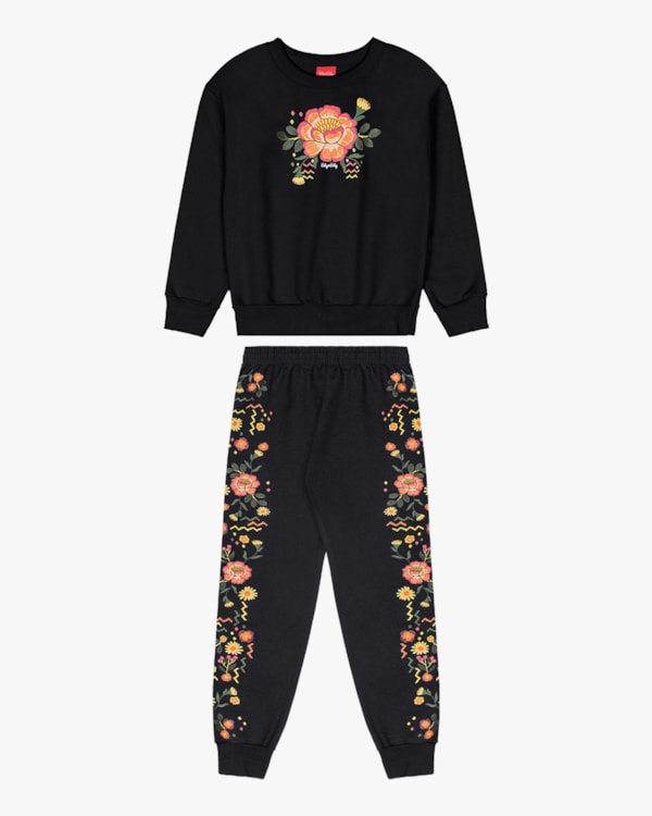 Conjunto Infantil Menina Blusão e Calça Estampa Flores - Kely Ketly - Preto-10