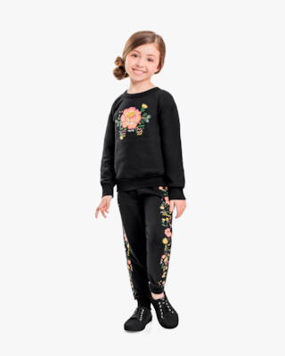 Conjunto Infantil Menina Blusão e Calça Estampa Flores - Kely Ketly - Preto-10