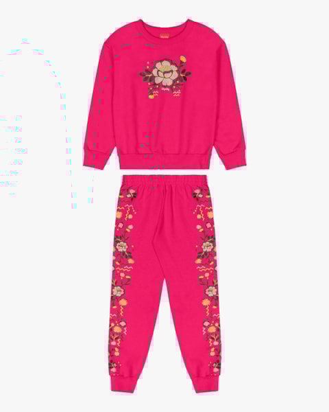 Conjunto Infantil Menina Blusão e Calça Estampa Flores - Kely Kety - Cherry