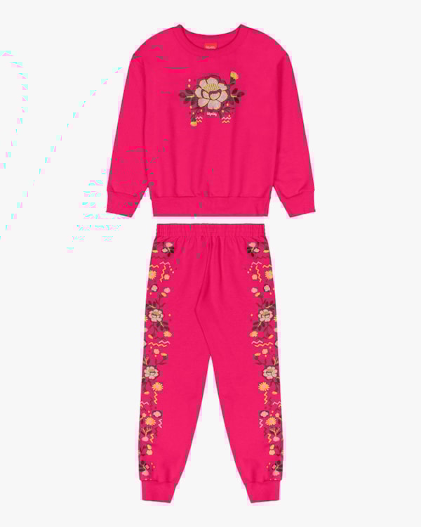 Conjunto Infantil Menina Blusão e Calça Estampa Flores - Kely Kety - Cherry