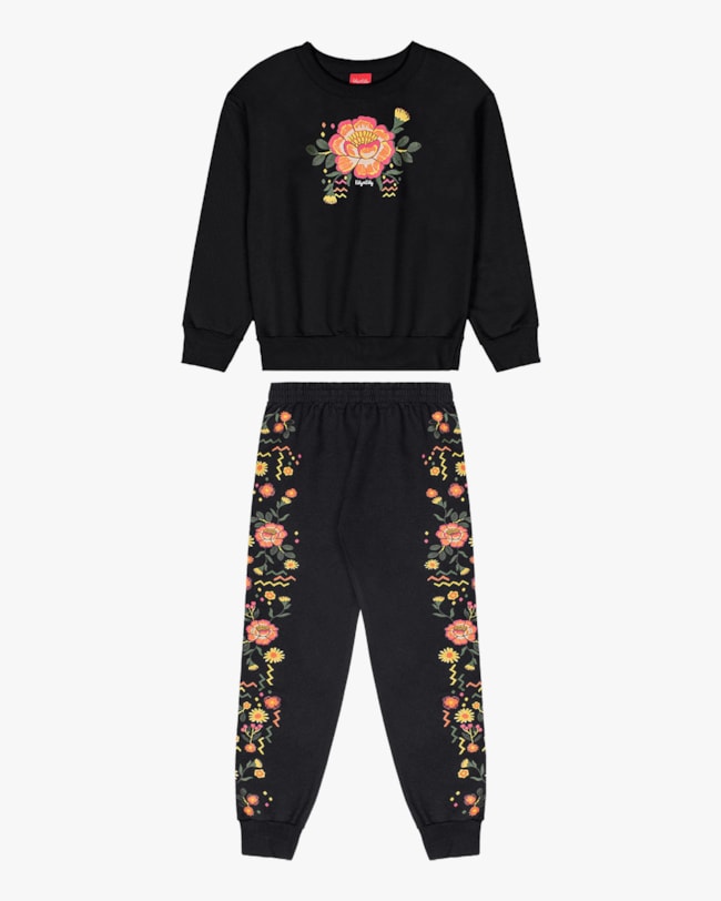 Conjunto Infantil Menina Blusão e Calça Estampa Flores - Kely Kety - Preto-9e7c6625-3402-489c-94a7-568029e03262