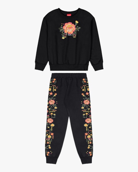 Conjunto Infantil Menina Blusão e Calça Estampa Flores - Kely Kety - Preto