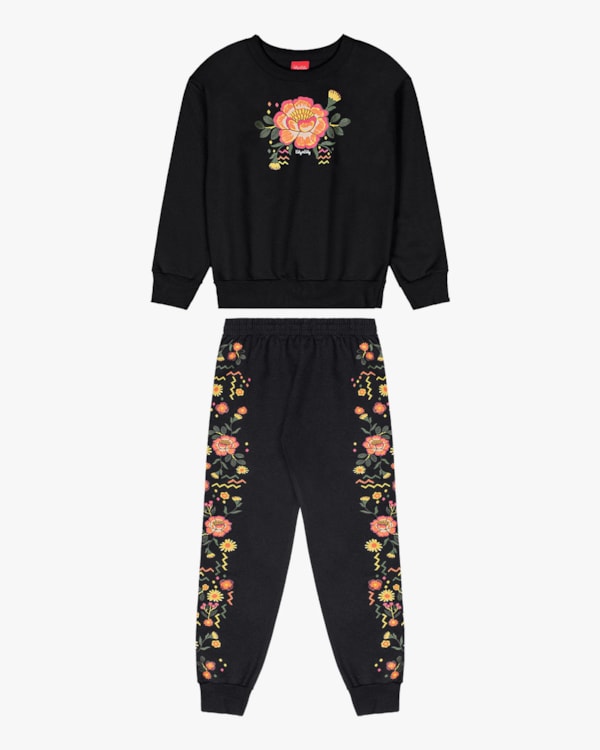 Conjunto Infantil Menina Blusão e Calça Estampa Flores - Kely Kety - Preto