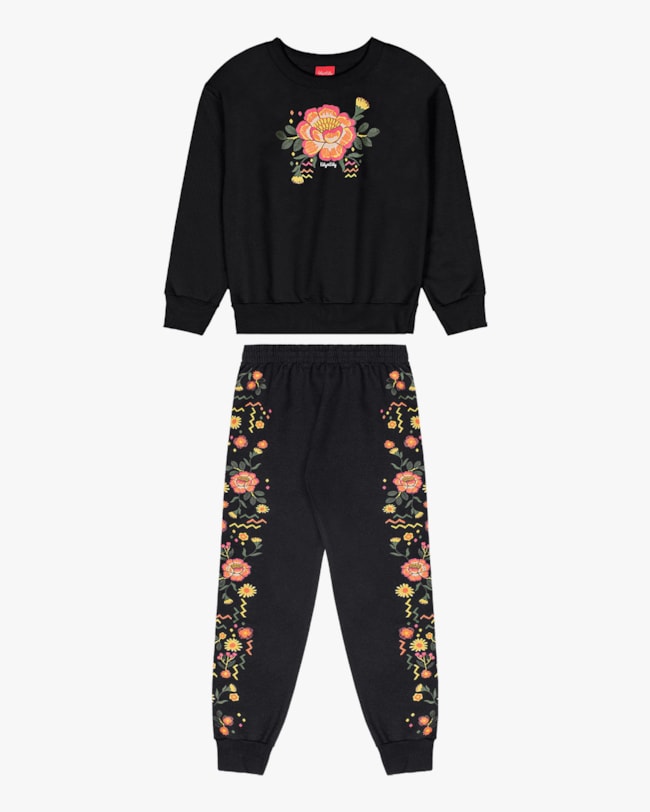 Conjunto Infantil Menina Blusão e Calça Estampa Flores - Kely Kety - Preto-bbfb9ad5-bc52-4211-a276-d78c0d1c791a