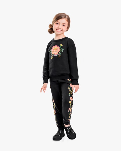 Conjunto Infantil Menina Blusão e Calça Estampa Flores - Kely Kety - Preto