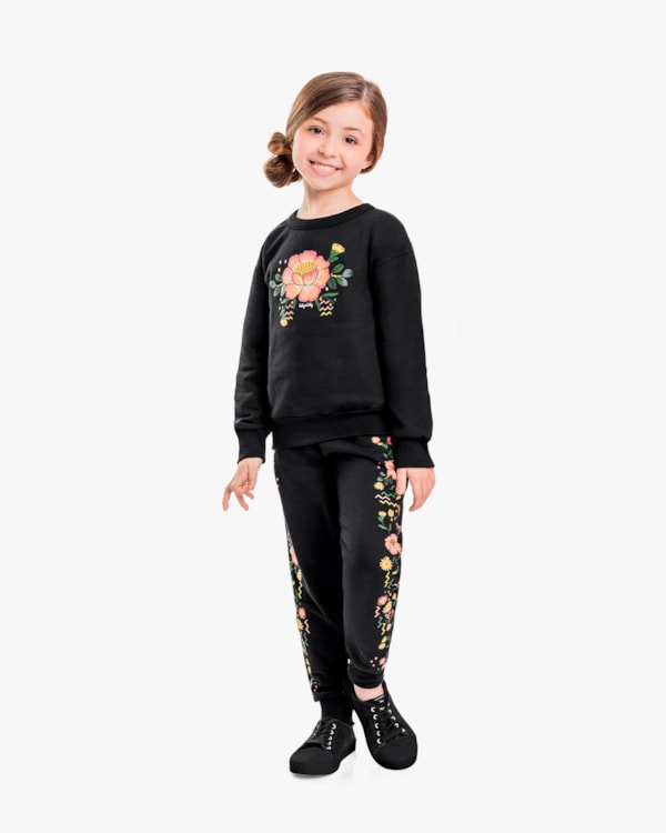 Conjunto Infantil Menina Blusão e Calça Estampa Flores - Kely Kety - Preto