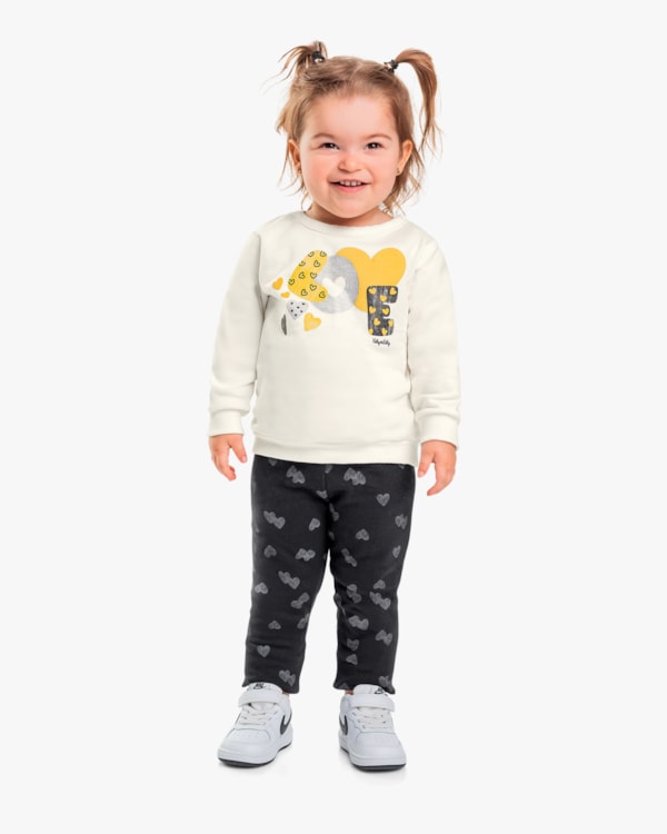 Conjunto Infantil Menina Blusão e Legging Estampado - Kely Kety - Natural