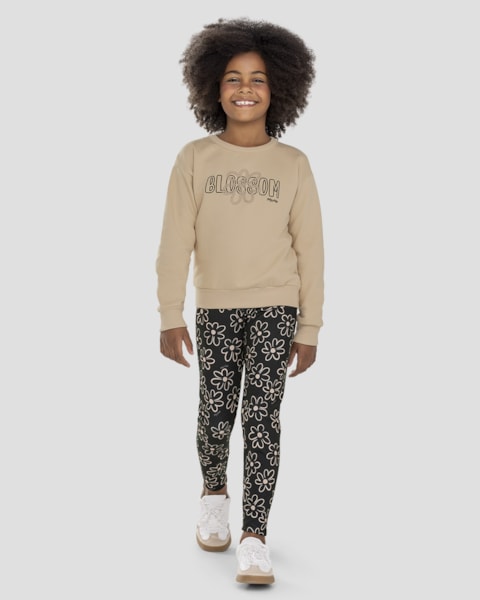 Conjunto Infantil Menina Blusão e Legging Floral - Kely Kety - Bege