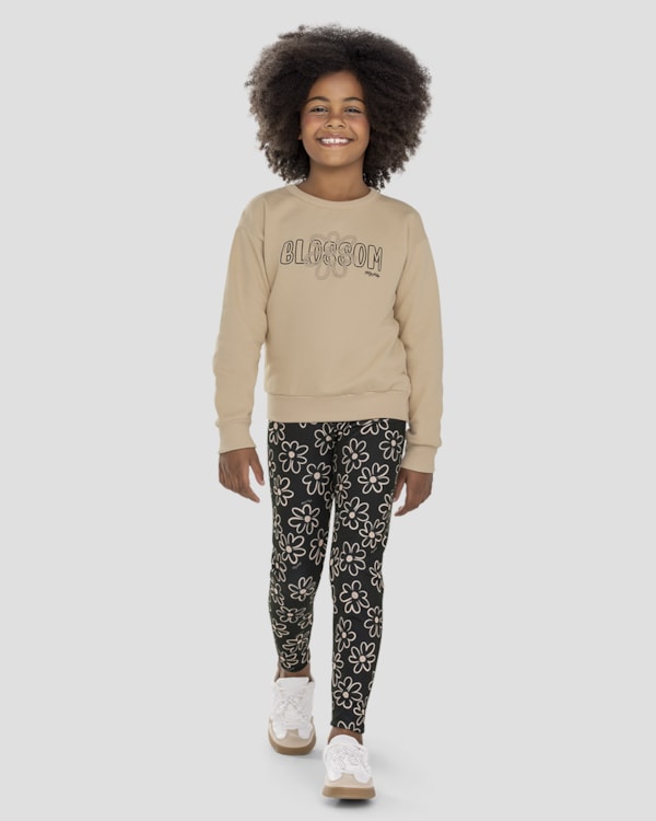 Conjunto Infantil Menina Blusão e Legging Floral - Kely Kety - Bege
