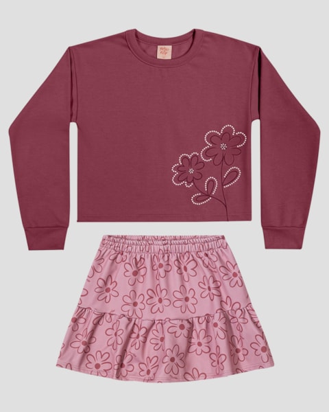 Conjunto Infantil Menina Blusão e Saia Estampada - Kely Kety - Bordô