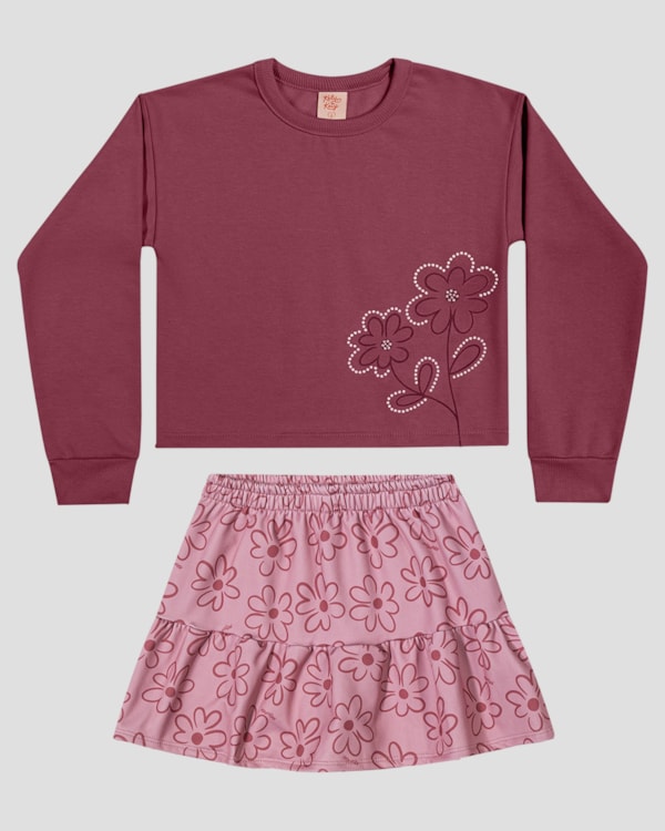 Conjunto Infantil Menina Blusão e Saia Estampada - Kely Kety - Bordô