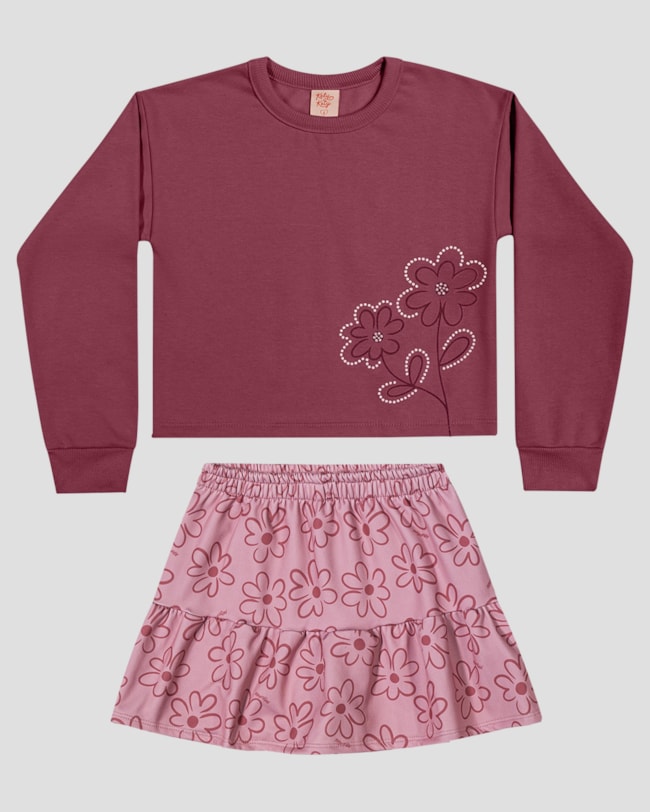 Conjunto Infantil Menina Blusão e Saia Estampada - Kely Kety - Bordô-cbb57985-01d6-46fc-b251-8b6e3d396c85