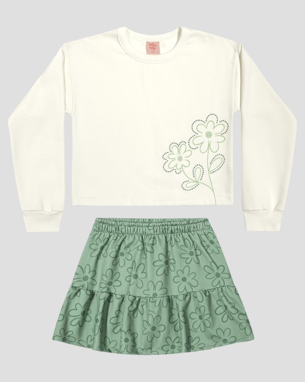 Conjunto Infantil Menina Blusão e Saia Estampada - Kely Kety - Branco