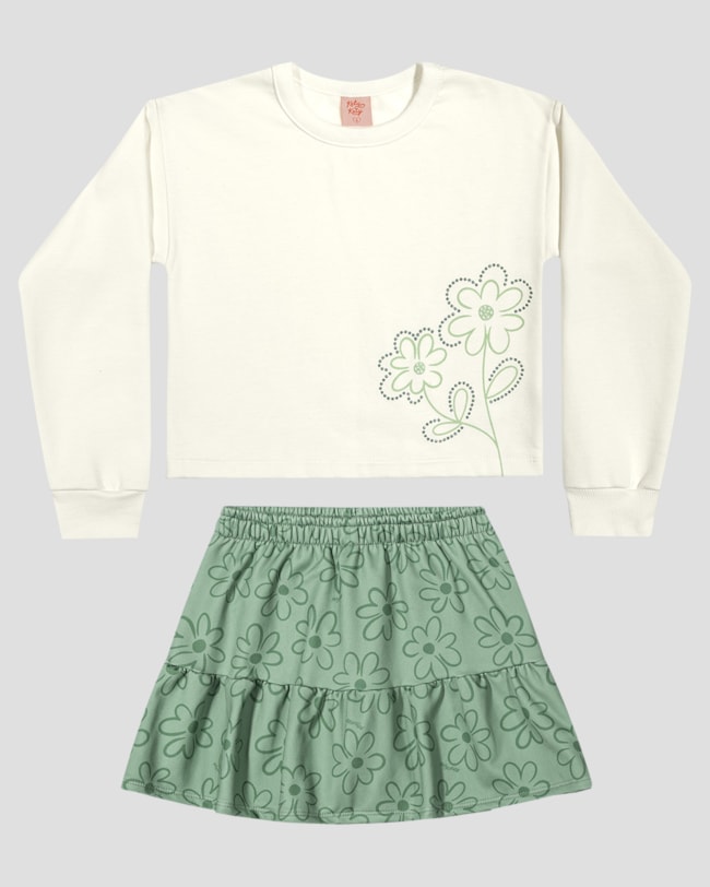 Conjunto Infantil Menina Blusão e Saia Estampada - Kely Kety - Branco-89e96c90-e68c-4473-adcc-ec4b19e43edf