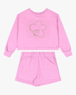 Conjunto Infantil Menina Blusão e Shorts em Moletom - Kely Kety - Rosa-10