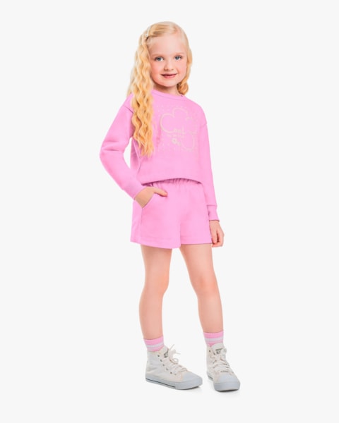 Conjunto Infantil Menina Blusão e Shorts em Moletom - Kely Kety - Rosa