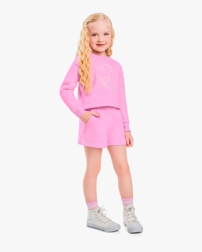 Conjunto Infantil Menina Blusão e Shorts em Moletom - Kely Kety - Rosa-f5129d9d-9c92-4bc3-8e5b-d0ef82c8f693
