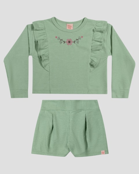 Conjunto Infantil Menina Blusão e Shorts em Moletom - Kely Kety - Verde