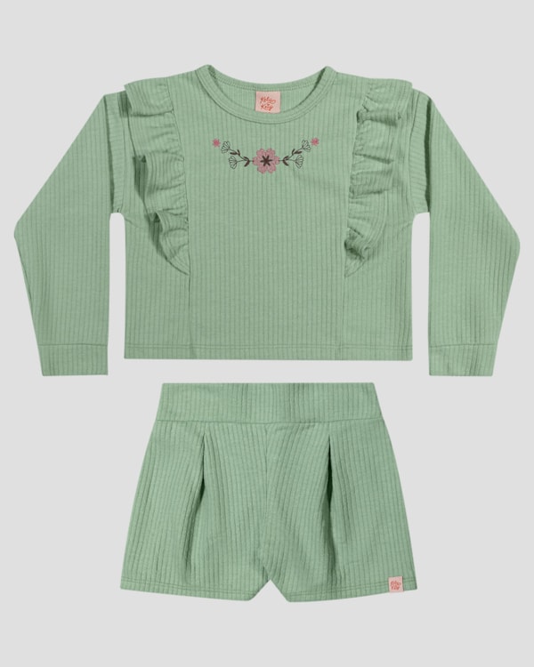 Conjunto Infantil Menina Blusão e Shorts em Moletom - Kely Kety - Verde