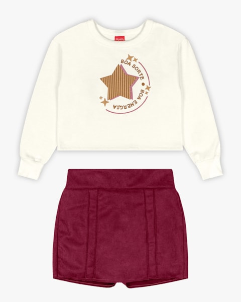 Conjunto Infantil Menina Blusão e Shorts-Saia - Kely Kety - Natural