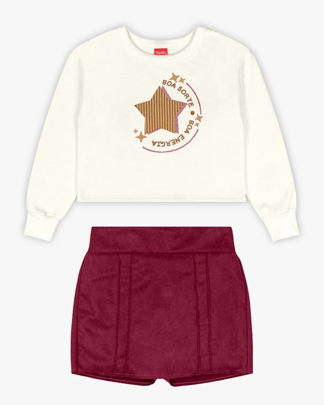 Conjunto Infantil Menina Blusão e Shorts-Saia - Kely Kety - Natural-424d544b-a8ce-43a3-b013-5f9bceda14b7