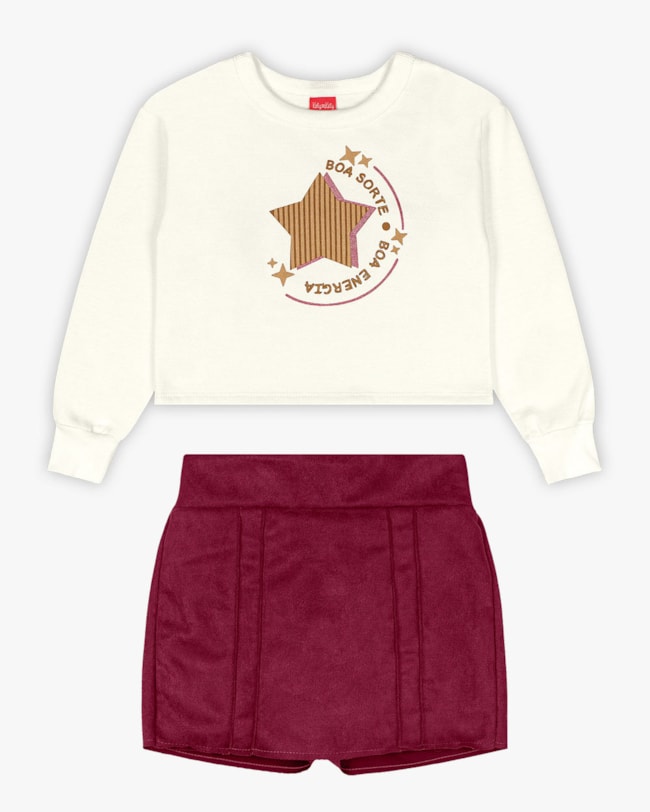 Conjunto Infantil Menina Blusão e Shorts-Saia - Kely Kety - Natural-28361bea-27cc-4831-a82d-243b65195af2