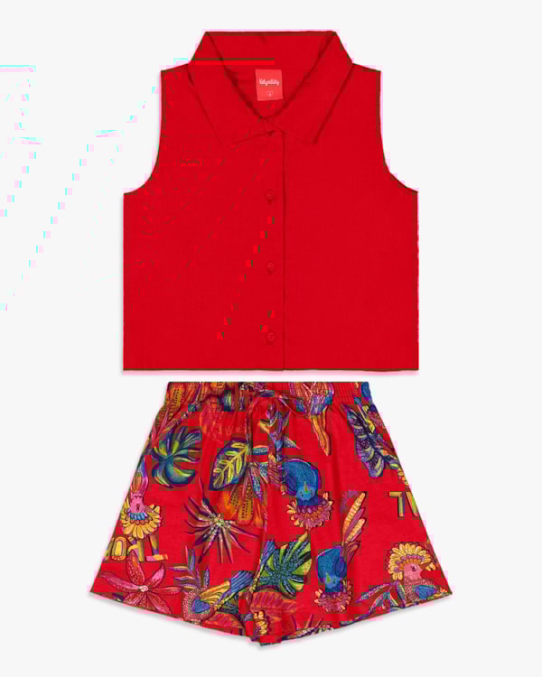 Conjunto Infantil Menina Camisa e Shorts - Kely Kety - Carmim