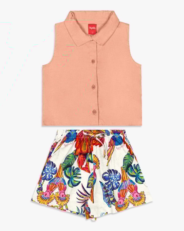 Conjunto Infantil Menina Camisa e Shorts - Kely Kety - Pêssego