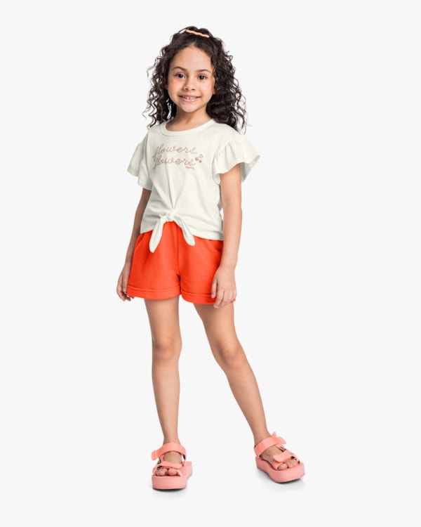 Conjunto Infantil Menina com Blusa Amarração e Shorts - Kely Kety - Natural