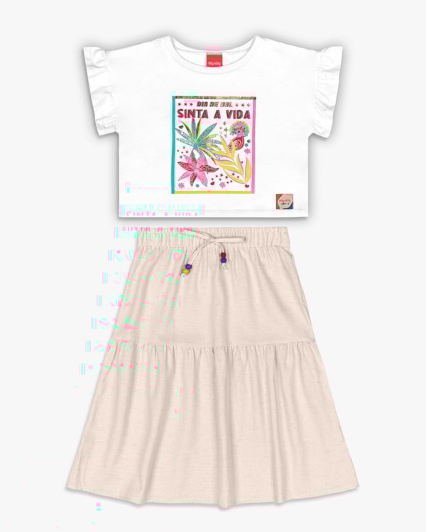 Conjunto Infantil Menina com Blusa e Saia Midi - Kely Kety - Branco