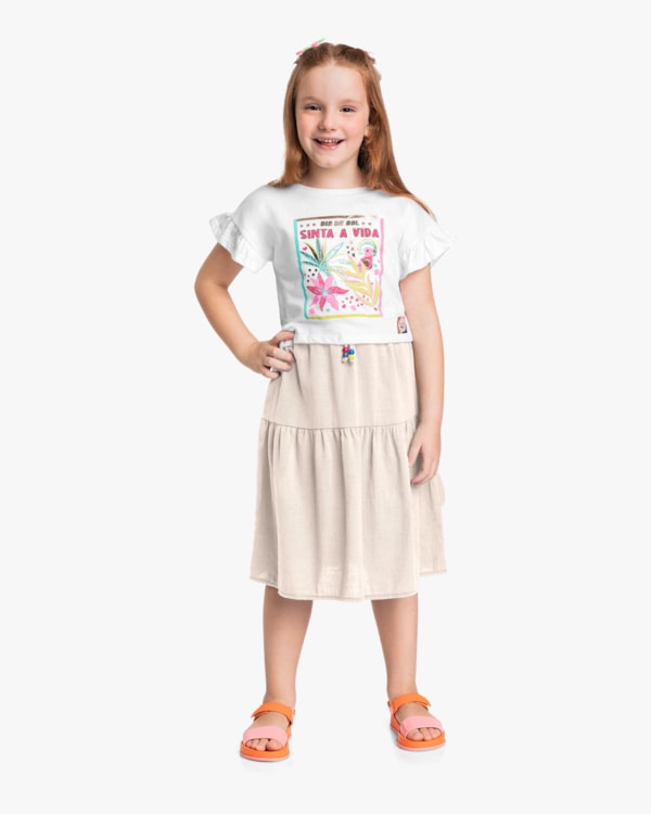 Conjunto Infantil Menina com Blusa e Saia Midi - Kely Kety - Branco