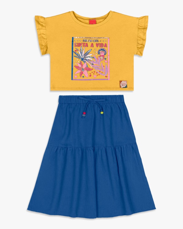 Conjunto Infantil Menina com Blusa e Saia Midi - Kely Kety - Mostarda-10