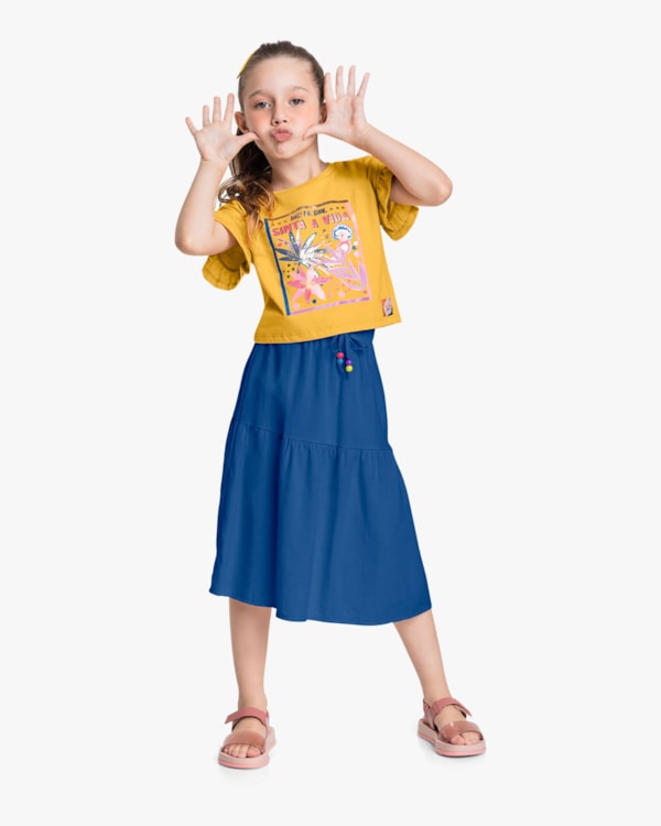 Conjunto Infantil Menina com Blusa e Saia Midi - Kely Kety - Mostarda-10