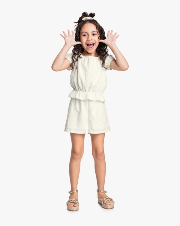 Conjunto Infantil Menina com Blusa e Shorts Malha Laise - Kely Kety - Natural