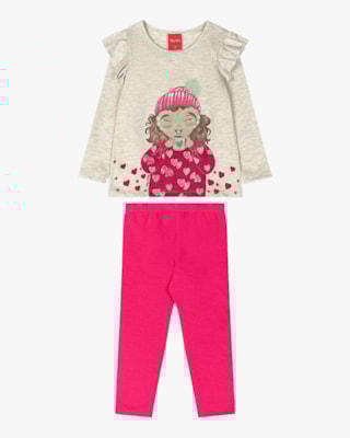Conjunto Infantil Menina com Blusa Manga Longa e Babado - Kely Kety - Mescla -01